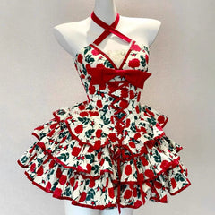 Bowknot flower print lace hem cross front mini dress | Festival Outfits Women