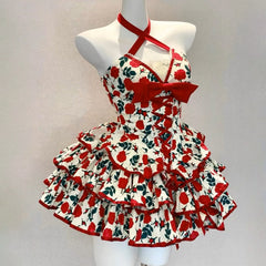 Bowknot flower print lace hem cross front mini dress | Festival Outfits Women