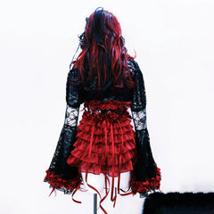 Long flared sleeve flower applique ruffle lace mini dress | Festival Outfits Women