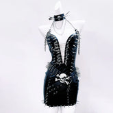 Halter rivet PU leather belt mini dress | Festival Outfits Women