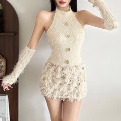 Halter glitter gloves raw hem backless mini dress | Festival Outfits Women