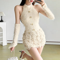 Halter glitter gloves raw hem backless mini dress | Festival Outfits Women