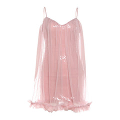 Glitter mesh v neck ruffle cami mini dress | Festival Outfits Women