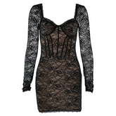 Lace long sleeve v neck backless mini dress | Festival Outfits Women