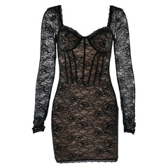 Lace long sleeve v neck backless mini dress | Festival Outfits Women