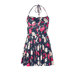 Self tie halter flower print ruched mini dress | Festival Outfits Women