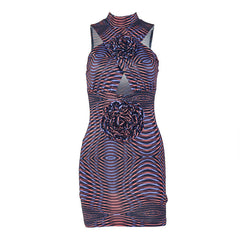 Hollow out flower applique print crewneck cut out mini dress | Festival Outfits Women
