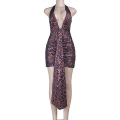 Leopard print v neck ruched halter self tie mini dress | Festival Outfits Women | Leopard Print Mini Dress
