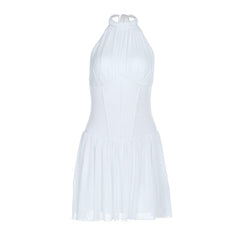 Halter self tie ruched backless solid mini dress | Festival Outfits Women