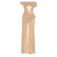 Off shoulder hollow out ruched irregular mesh cut out mini dress | Festival Outfits Women