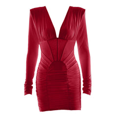 Long sleeve ruched v neck solid mini dress | Festival Outfits Women
