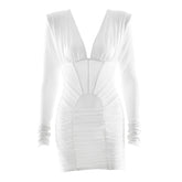 Long sleeve ruched v neck solid mini dress | Festival Outfits Women