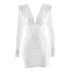 Long sleeve ruched v neck solid mini dress | Festival Outfits Women