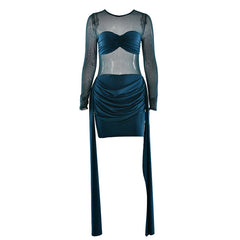 Crewneck long sleeve ruched mesh mini dress | Festival Outfits Women