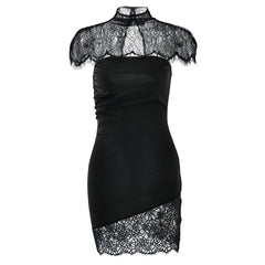 High neck lace ruched irregular 2 piece mini dress | Festival Outfits Women
