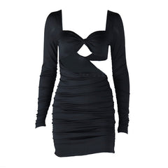 Long sleeve hollow out v neck ruched cut out mini dress | Festival Outfits Women