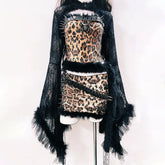 Leopard print glitter long sleeve spider applique mini skirt set | Festival Outfits Women | Leopard Print Mini Dress