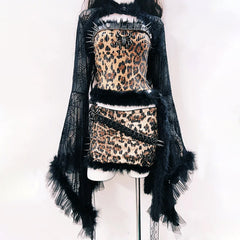 Leopard print glitter long sleeve spider applique mini skirt set | Festival Outfits Women | Leopard Print Mini Dress