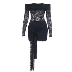 Long sleeve lace irregular off shoulder mini dress | Festival Outfits Women