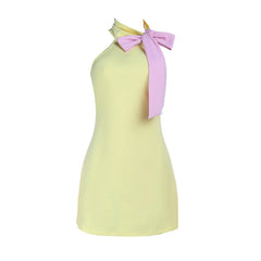 Bowknot self tie high neck backless mini dress | Festival Outfits Women