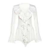 Long flared sleeve ruffle v neck self tie mini dress | Festival Outfits Women