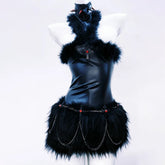 Fluffy high neck PU leather metal chain mini dress | Festival Outfits Women
