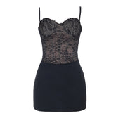 Lace up v neck lace backless cami mini dress | Festival Outfits Women