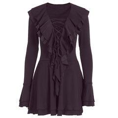 Long flared sleeve ruffle lace up solid mini dress | Festival Outfits Women