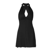 Hollow out ruffle button solid backless mini dress | Festival Outfits Women