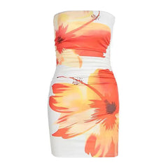 Ruched print contrast backless tube mini dress | Festival Outfits Women
