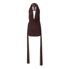 Halter cowl neck self tie water drop applique mini dress | Festival Outfits Women