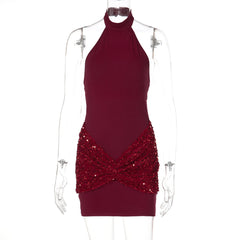 Glitter ruched button halter backless mini dress | Festival Outfits Women