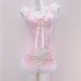 Bowknot cross applique ruffle hollow out beaded mini dress | Pastel Goth | Festival Outfits Women