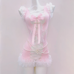 Bowknot cross applique ruffle hollow out beaded mini dress | Pastel Goth | Festival Outfits Women