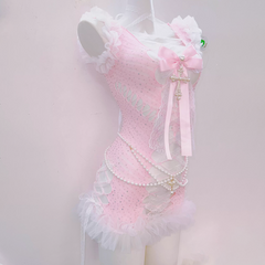 Bowknot cross applique ruffle hollow out beaded mini dress | Pastel Goth | Festival Outfits Women