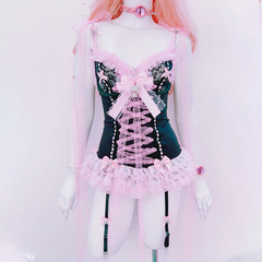 Bowknot v neck ruffle skull applique cami mini dress | Pastel Goth | Festival Outfits Women