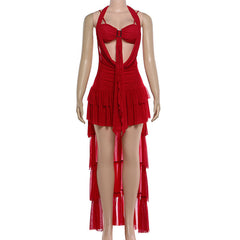 Self tie halter hollow out ruffle mesh mini dress | Festival Outfits Women