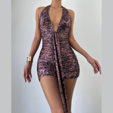 Leopard print v neck ruched halter self tie mini dress | Festival Outfits Women | Leopard Print Mini Dress