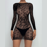 Long sleeve crewneck fishnet pattern mini dress | Festival Outfits Women