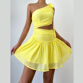 One shoulder chiffon self tie irregular mini dress | Festival Outfits Women