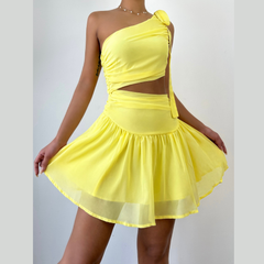 One shoulder chiffon self tie irregular mini dress | Festival Outfits Women