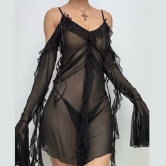Long flared sleeve Off shoulder sheer mesh ruffle mini dress | Festival Outfits Women