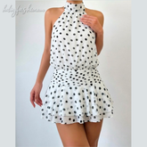 Polka dot halter self tie pleated backless mini dress | Festival Outfits Women