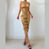Hollow out ruched metallic tube mini dress | Festival Outfits Women