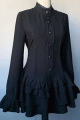 Dark Lace Patchwork Button Front Ruffle Mini Dress