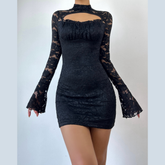 Long sleeve lace hollow out button cut out mini dress | Festival Outfits Women