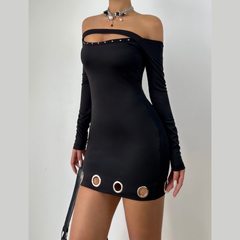 Off shoulder long sleeve hollow out cut out mini dress | Festival Outfits Women