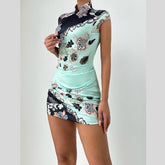 Flower print cap sleeve contrast mini dress | Festival Outfits Women