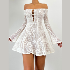 Off shoulder button hollow out cut out mini dress | Festival Outfits Women
