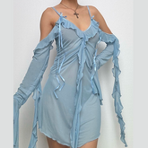 Long flared sleeve Off shoulder sheer mesh ruffle mini dress | Festival Outfits Women